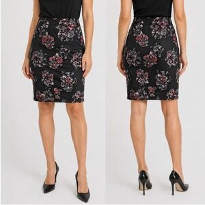 Halogen Pencil Skirt Black Floral Size 10 Pink Grey Stretch Career Knee Length